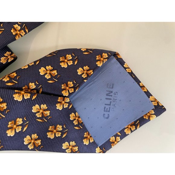 CELINE PARIS Blue Printed Silk Necktie Tie flower design - Picture 3 of 7